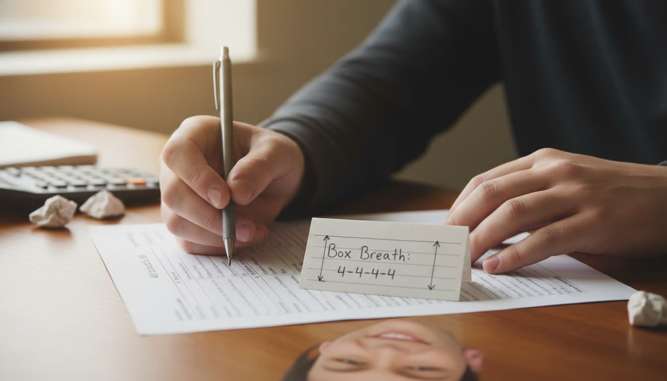 Photo Idea : A close-up of a student’s hands on a desk with a small index card showing a short breathing sequence (Box Breath: 4-4-4-4) next to a pencil and AP practice sheet—evoking preparedness and calm focus.