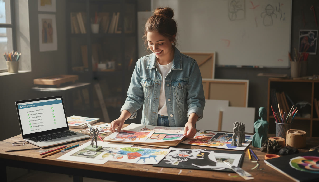 Photo Idea : A high school student in a sunlit studio, arranging a portfolio of mixed-media artwork on a table, with an open laptop showing an AP Studio Art project checklist.