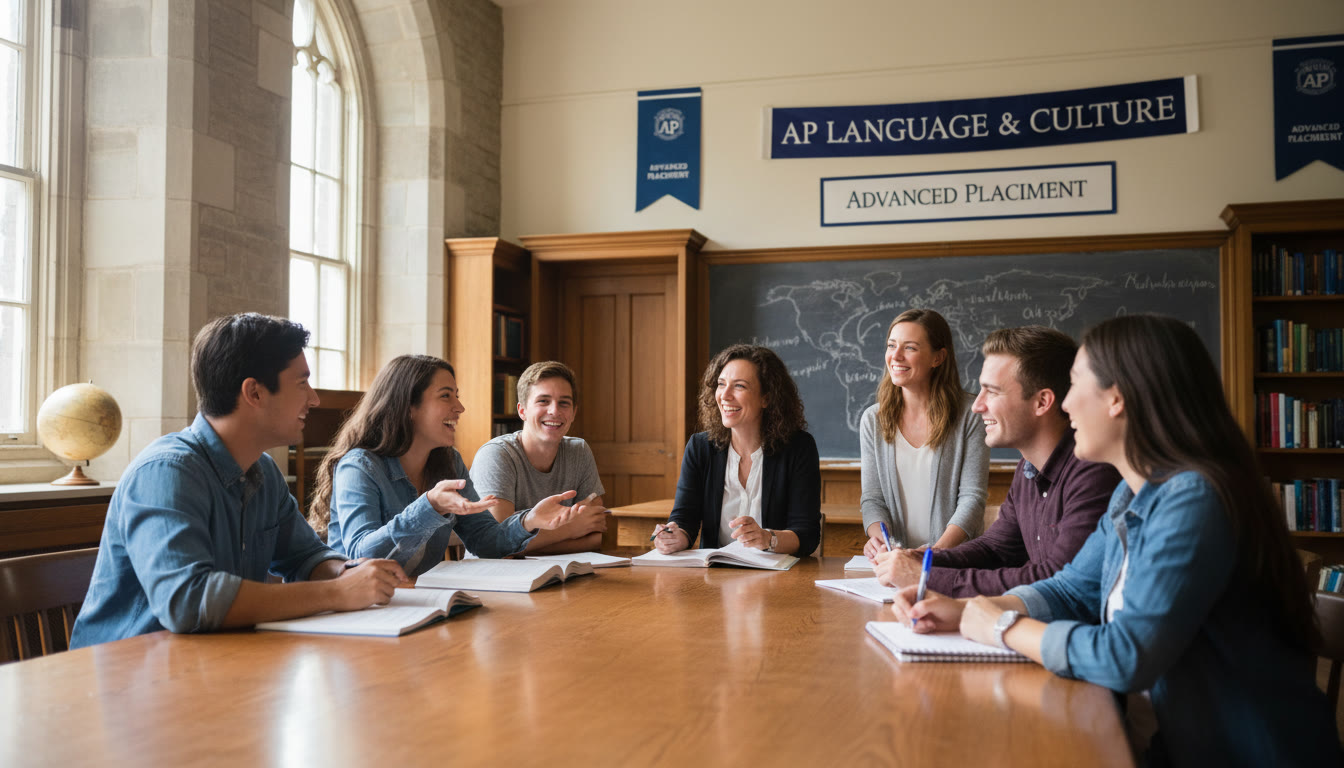 Photo Idea : A bright photo of a small-group language class in a historic college classroom—students engaged in conversation, one taking notes—illustrating language placement and active learning.