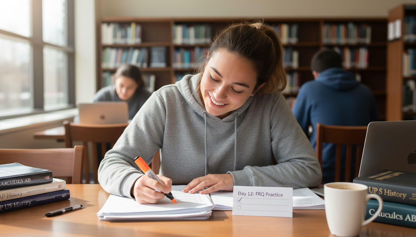 Photo Idea : A student at a library table marking corrections on a practice FRQ with a highlighter, a small printed checklist beside them showing 