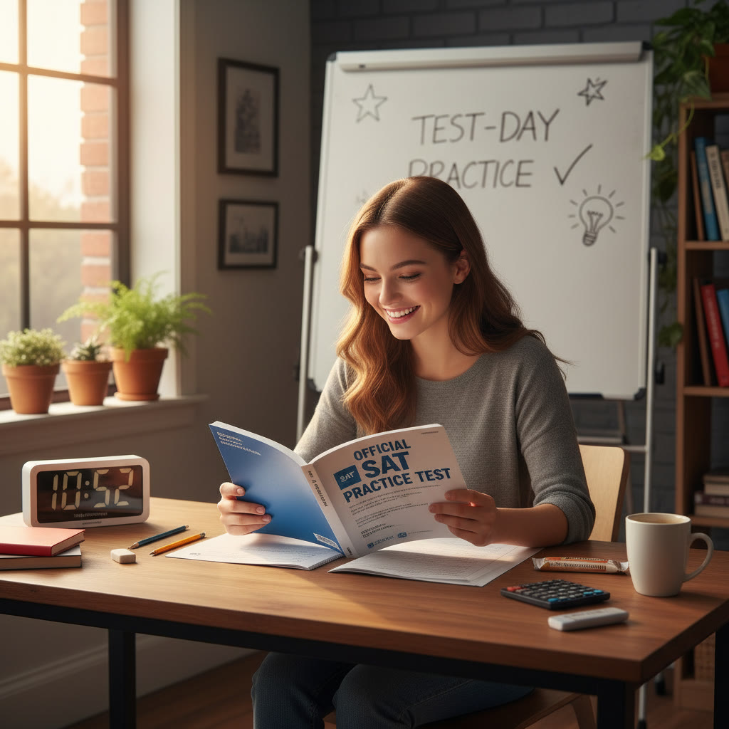 Student sitting at a desk doing an official SAT practice test, sunlight, clock showing timed conditions; suggests a visual for 