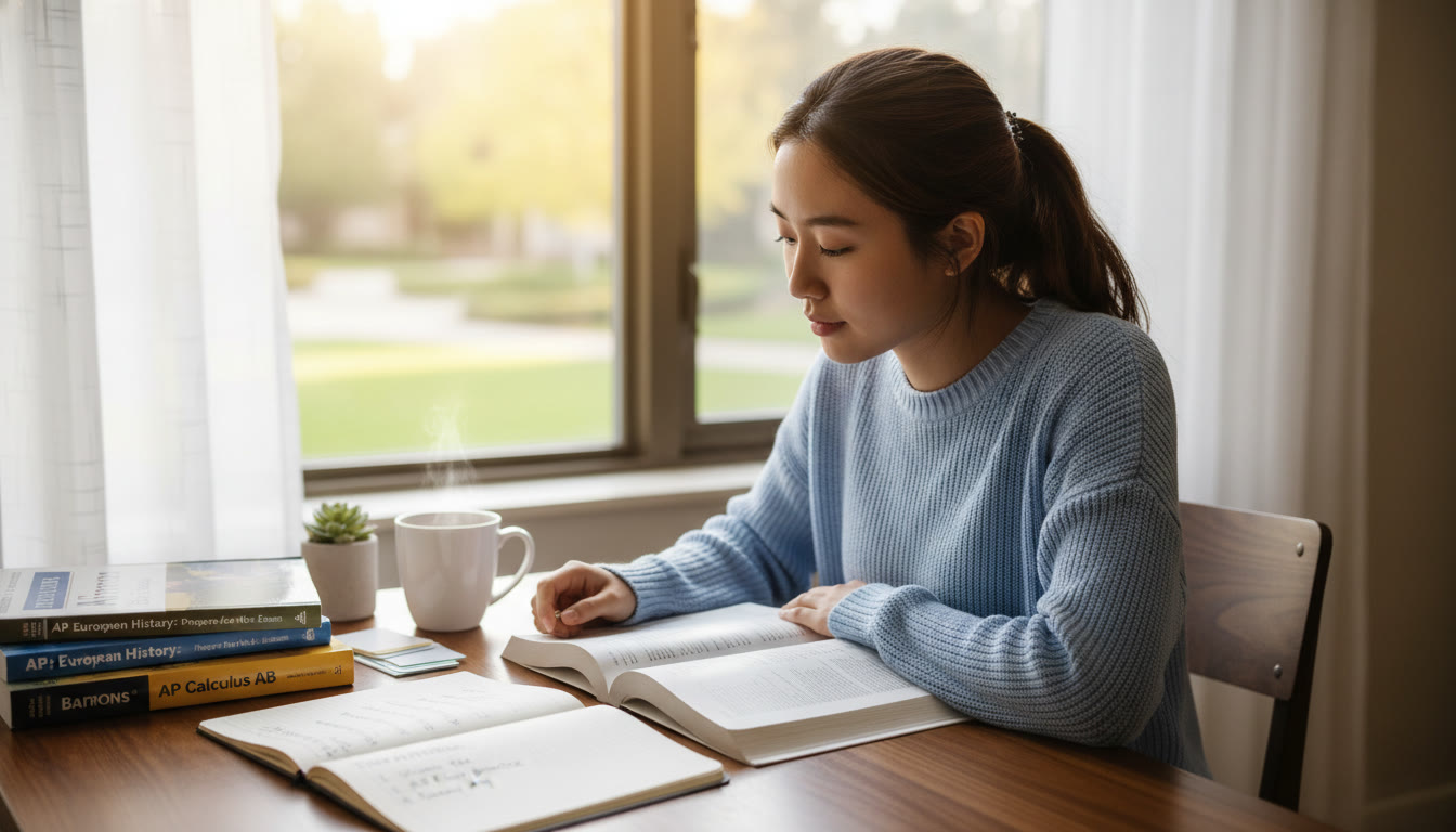 Photo Idea : A focused student at a desk near a window, soft morning light, notebook open with a short gratitude list beside AP prep materials to show calm and intentional study habits.