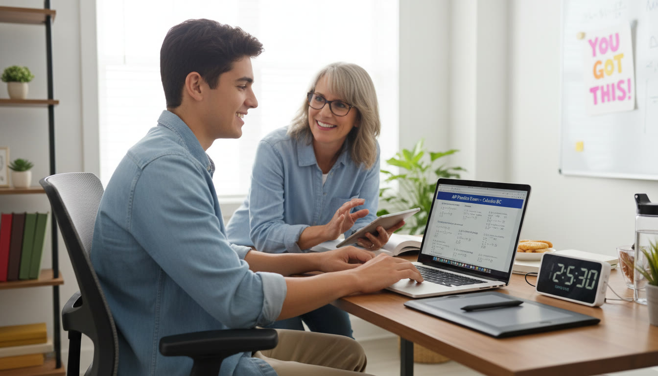 Photo Idea : A student practicing an AP exam at a desk with a laptop and ergonomic chair, with a tutor observing—illustrates tailored practice under accommodated conditions and shows supportive guidance.