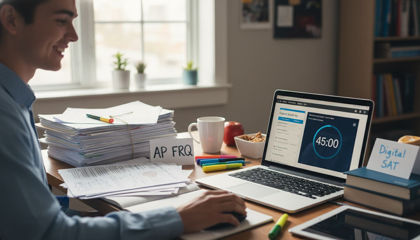 Photo Idea : A student at a desk with two piles of study materials   one labeled AP FRQ with handwritten essays and source packets, another labeled Digital SAT with a laptop showing multiple-choice questions and a digital timer. Natural daylight, focused mood.