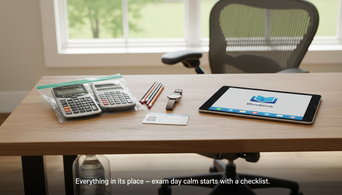Photo Idea : A clean, laid-out exam kit on a wooden desk — approved calculators, pencils, ID, watch, water bottle tucked under desk, and an electronic device with the Bluebook app visible (screen off). Caption suggestion: “Everything in its place — exam day calm starts with a checklist.”