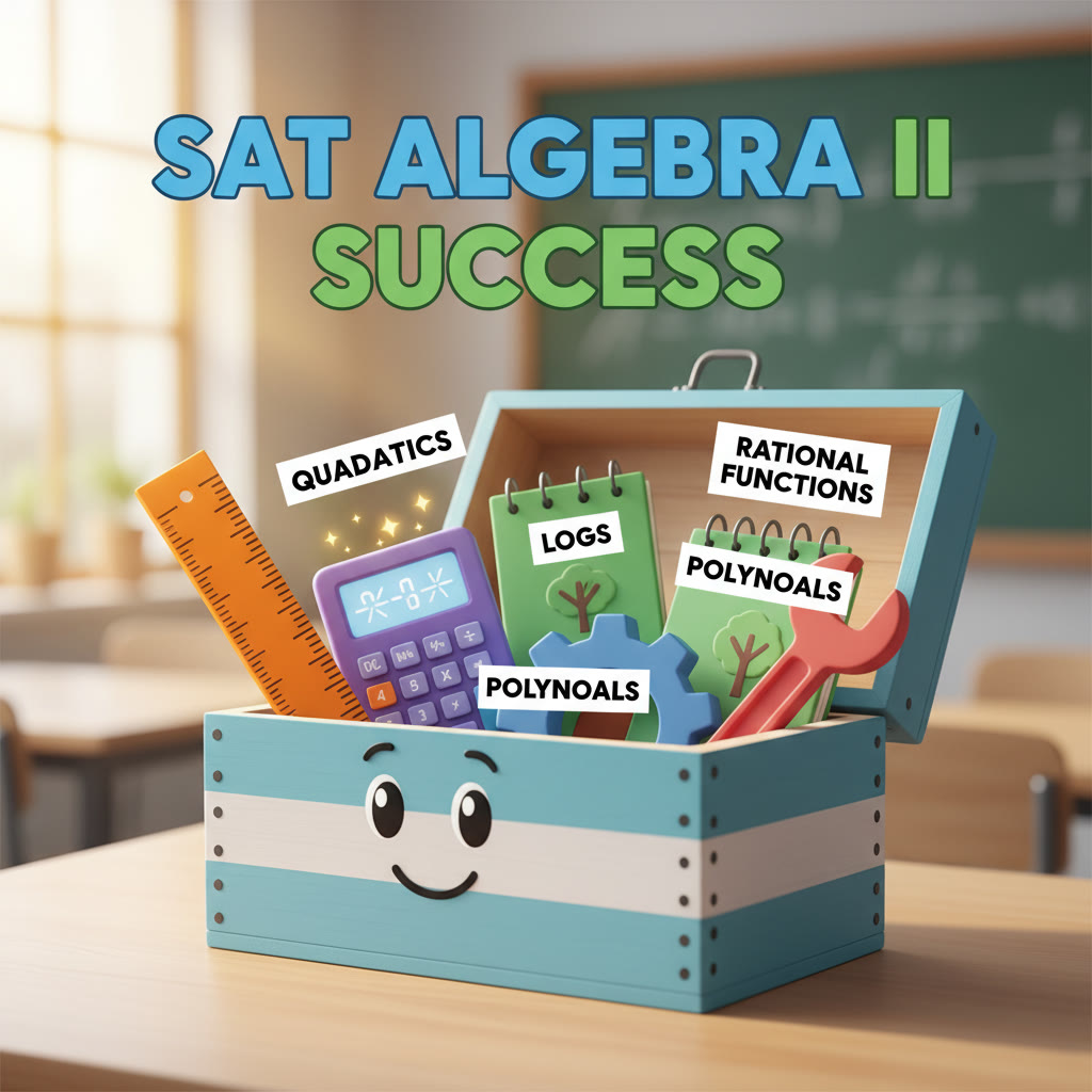 Clean graphic showing a toolbox with labeled Algebra II tools: quadratics, exponents, logs, polynomials, rational functions