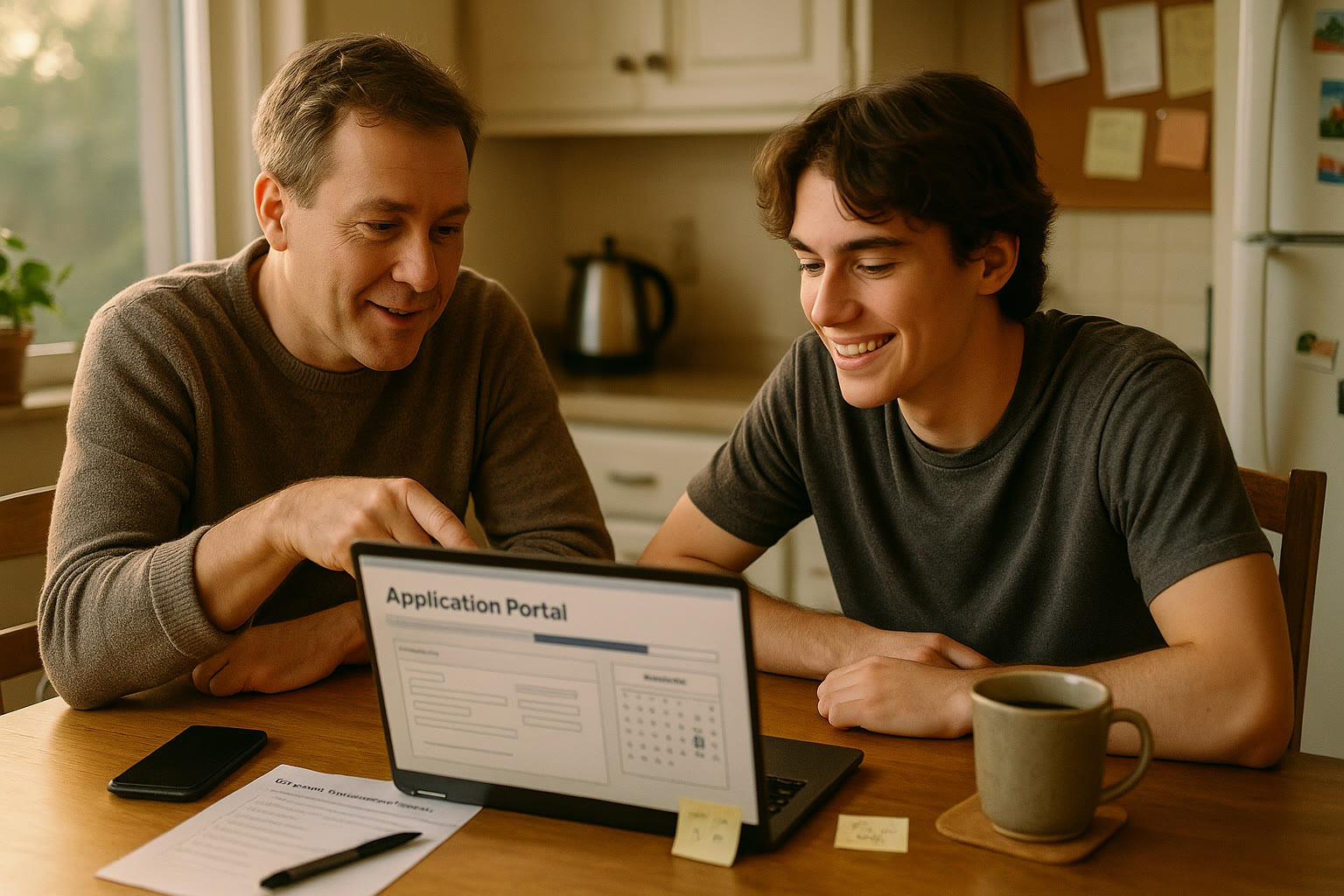 Photo Idea : A warm, candid photo of a parent and teen at a kitchen table, laptop open with a college application portal visible, sticky notes with dates and a mug of coffee — natural light, relaxed atmosphere.