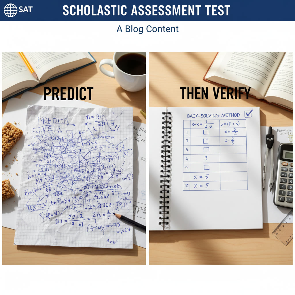 A split-screen image showing a messy scratchpaper solution next to a neat backsolving check with the caption: