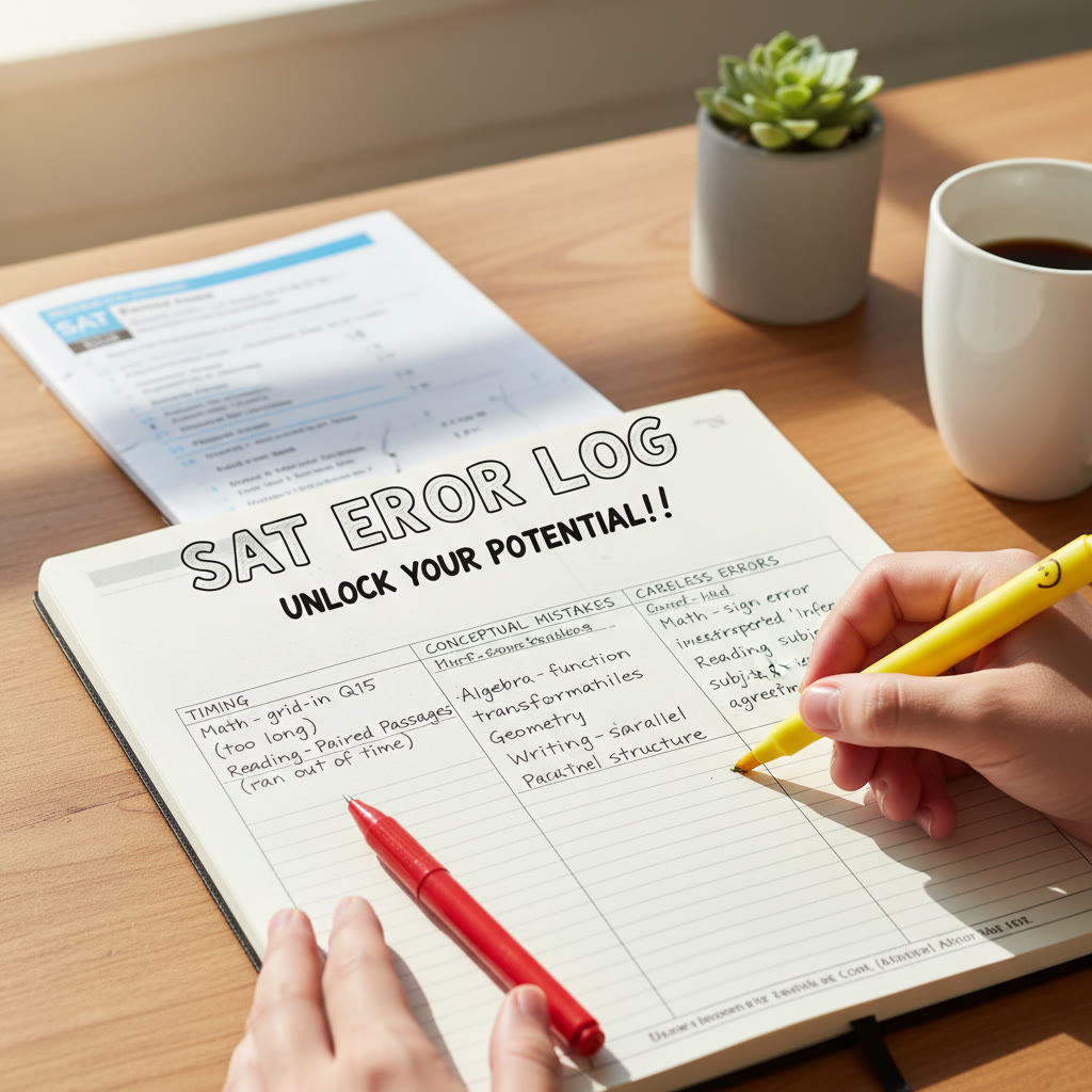 Close-up of a student s error log notebook with categories like timing, conceptual mistakes, and careless errors—used while reviewing a practice SAT test.