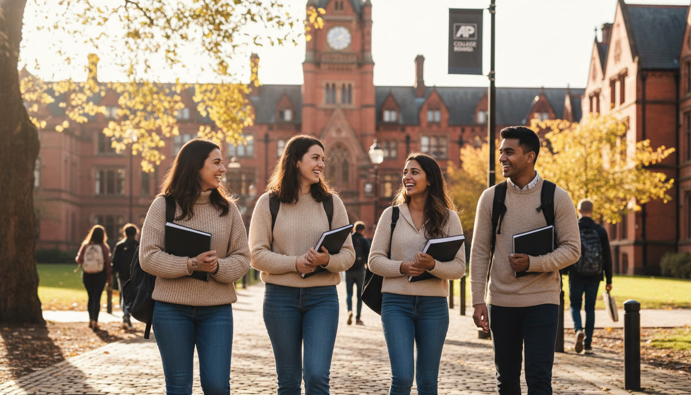 Photo Idea : A warm, candid photo of a diverse group of students walking near a historic Manchester campus building, smiling and carrying books — conveys belonging and optimism.