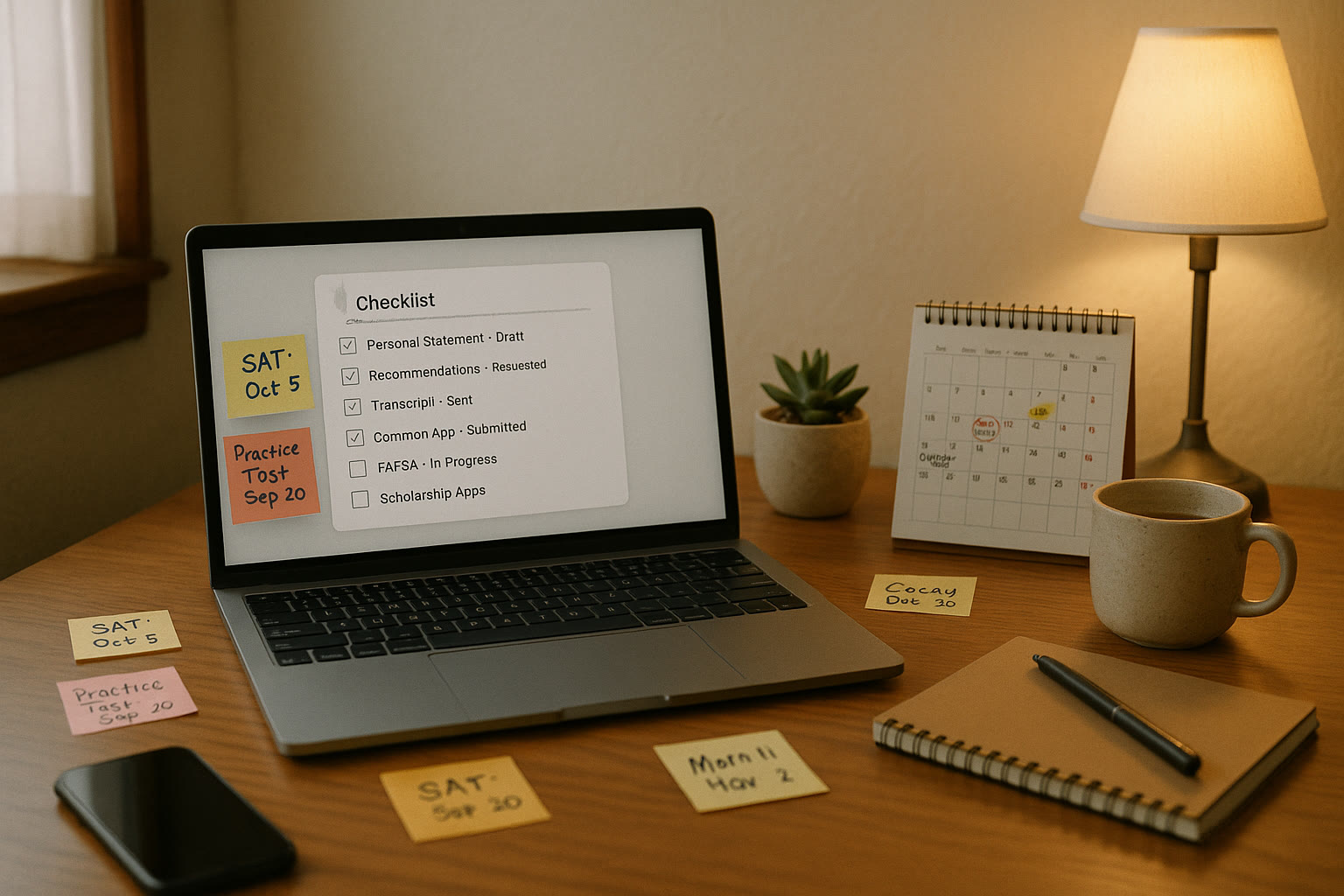 Photo Idea : A calm study corner with a laptop open to an application checklist, sticky notes with test dates, and a small calendar showing planned SAT dates and counseling appointments.