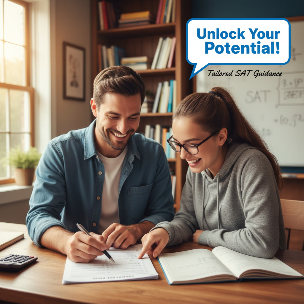 Tutor and student reviewing a practice test, pointing at a question and smiling—a depiction of 1-on-1 guidance and tailored feedback