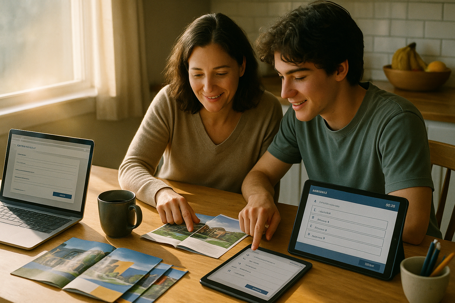 Photo Idea : A relaxed, sunlit kitchen table where a student and a parent spread out college brochures, a laptop showing a college application portal, and a tablet with a practice Digital SAT interface.