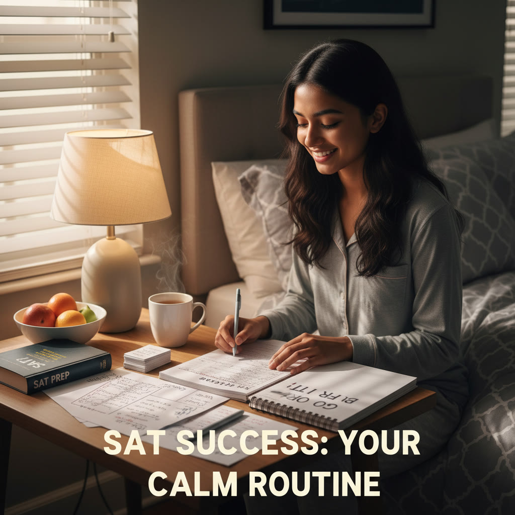Student sitting at a bedside table, sunlight through the blinds, review notes on paper with a soothing nighttime lamp; description suggests a calm pre-sleep routine suitable for SAT prep.