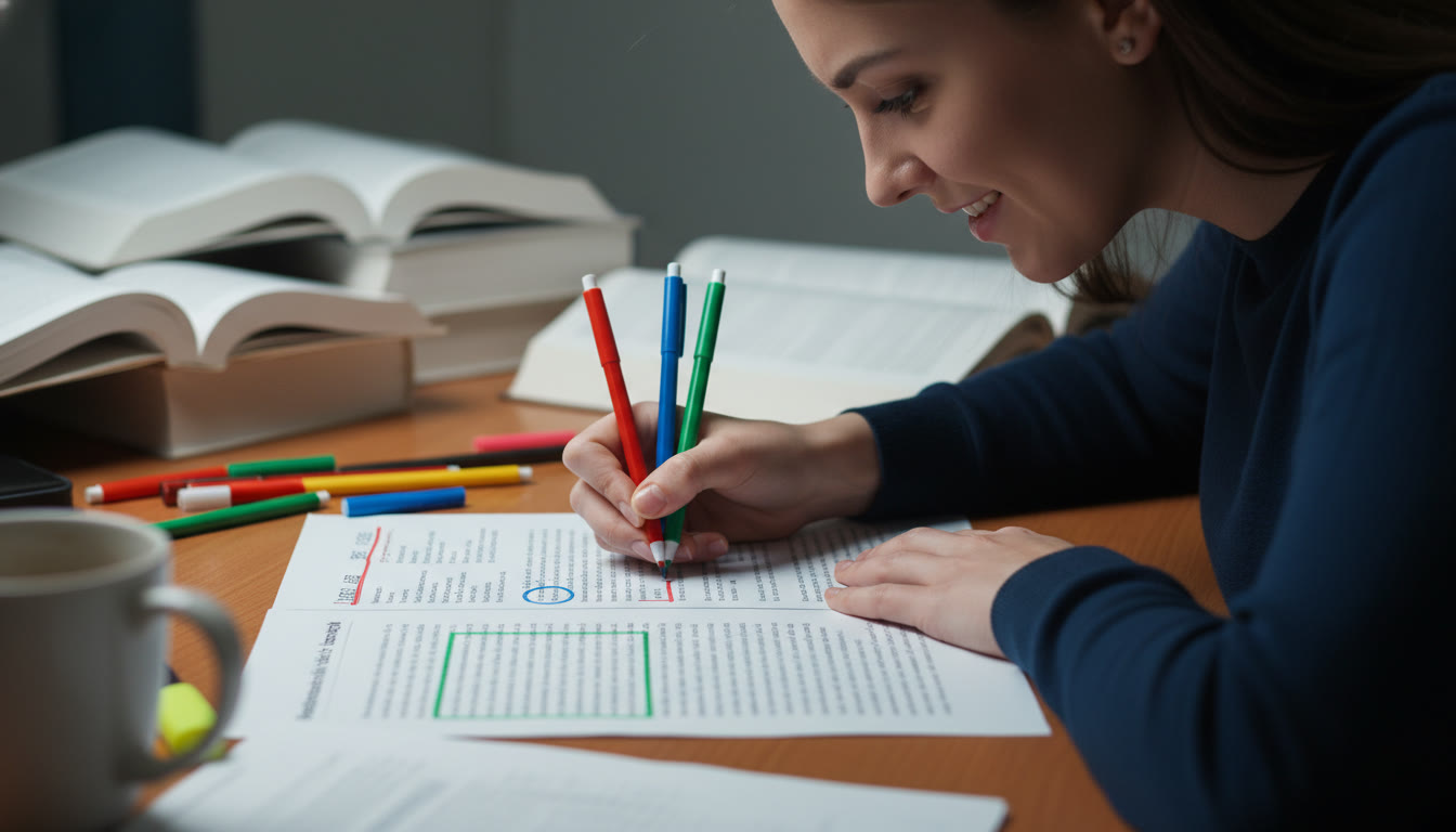 Photo Idea : A close-up of a student under exam lighting annotating a printed source with colored pens — the colors correspond to reliability cues (date, author, methodology). This image should appear within the top third of the article to set the scene for active source evaluation.