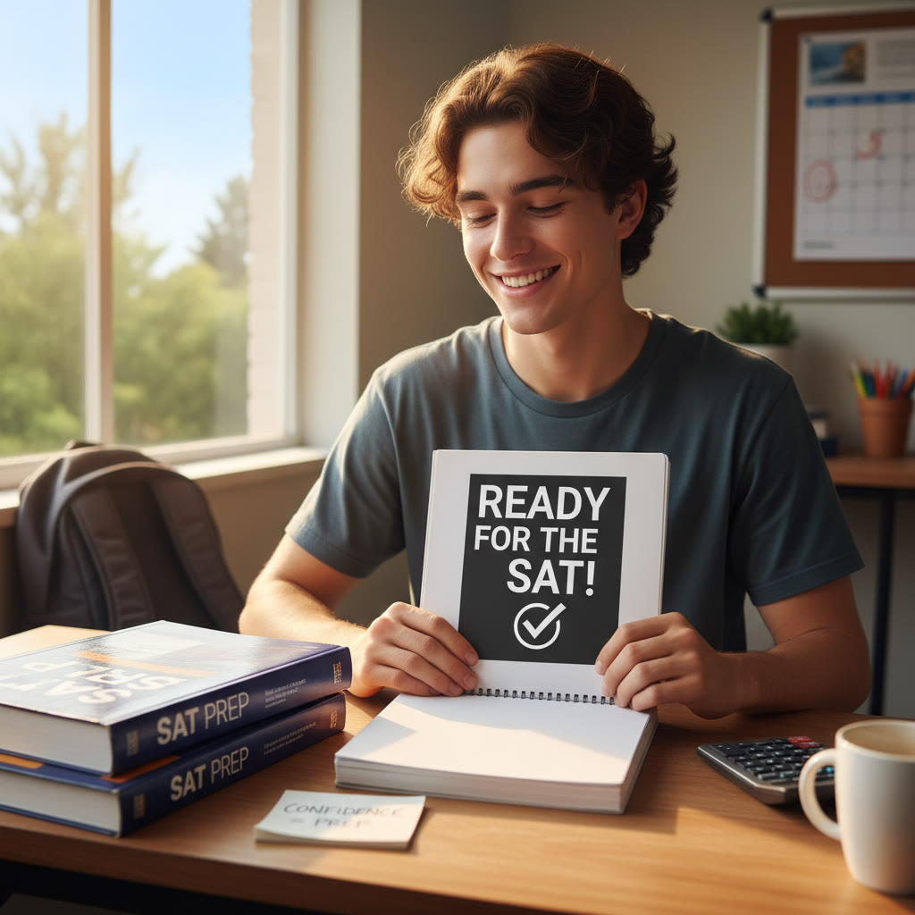 Student closing a notebook with a satisfied smile, symbolizing progress and regained confidence