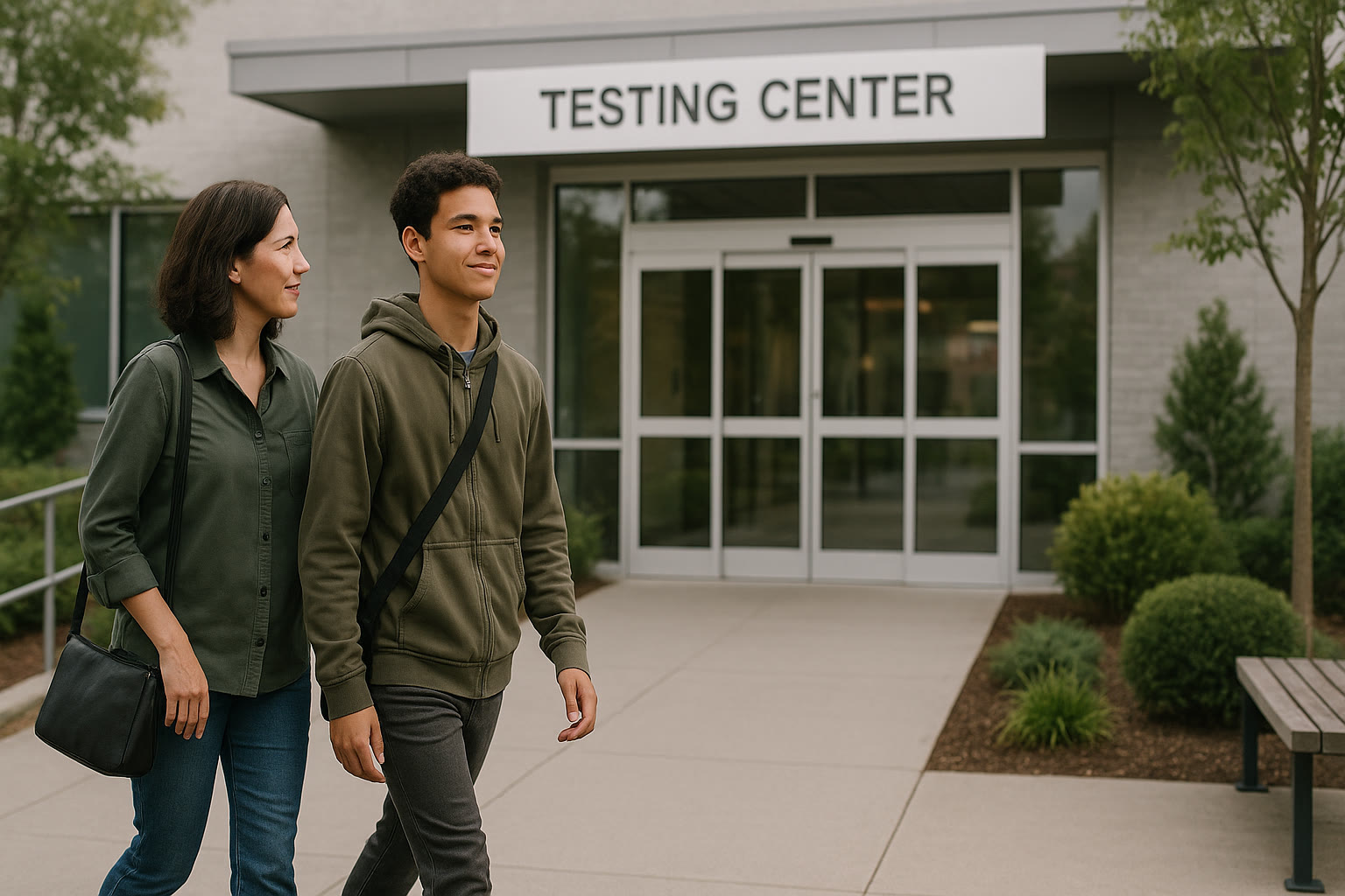 Photo Idea : A serene scene outside a testing center: a parent and teen walking in, both carrying a small bag, the teen looking focused and relaxed. Overcast light, easy pace to convey calm confidence.