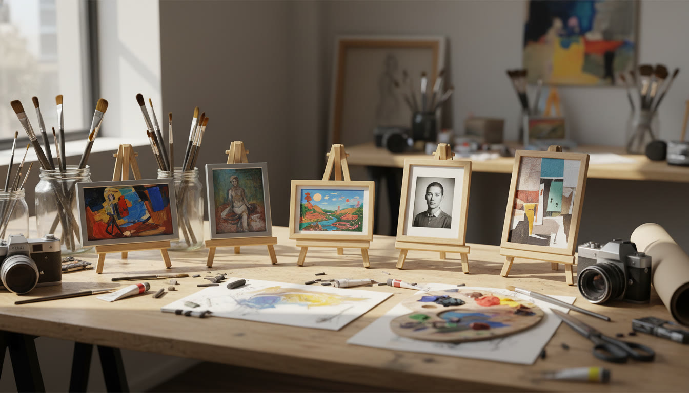 Photo Idea : A bright, inviting studio desk with five small framed artworks arranged like a mini-exhibit; natural light, tools scattered—paints, charcoal, camera—evoking process and craft.