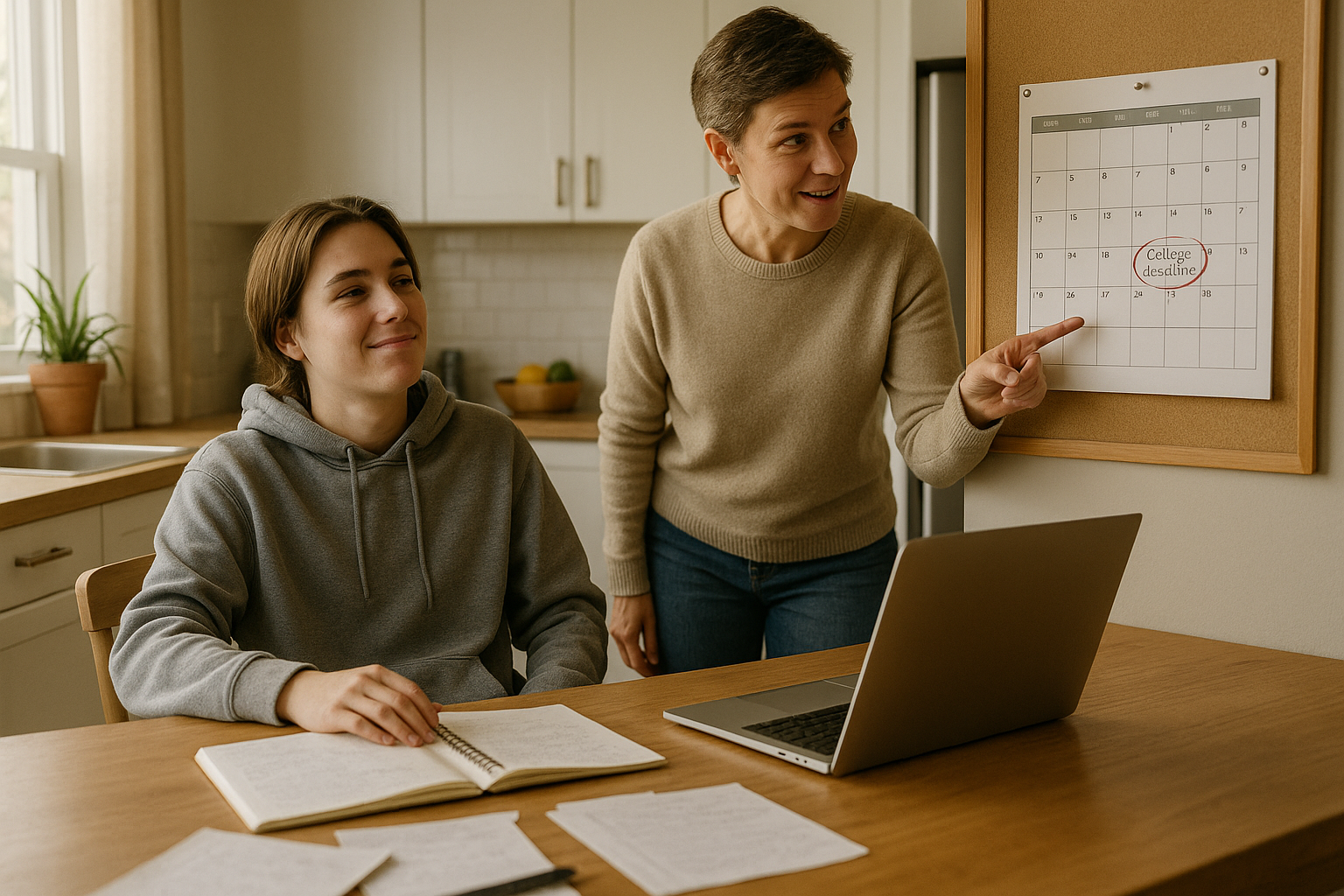 Photo Idea : A relaxed student at a kitchen table with a laptop, calendar, and study notes laid out; parent nearby pointing at a college deadline on the calendar.