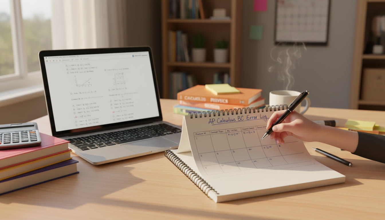Photo Idea : A tidy notebook open on a desk next to a laptop showing a practice problem — pen poised over a dedicated
