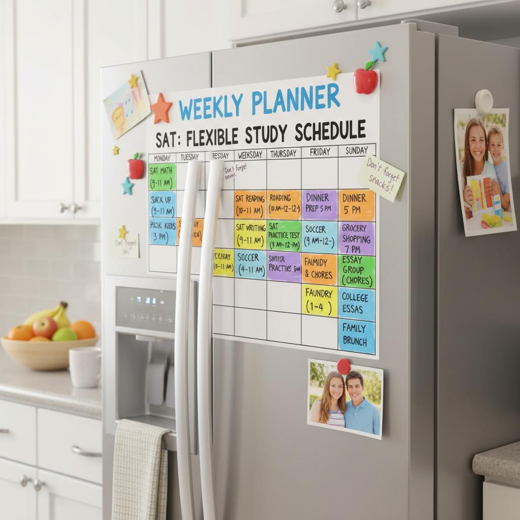 Weekly planner on a fridge with color-coded study blocks and family responsibilities, illustrating a real, flexible schedule.