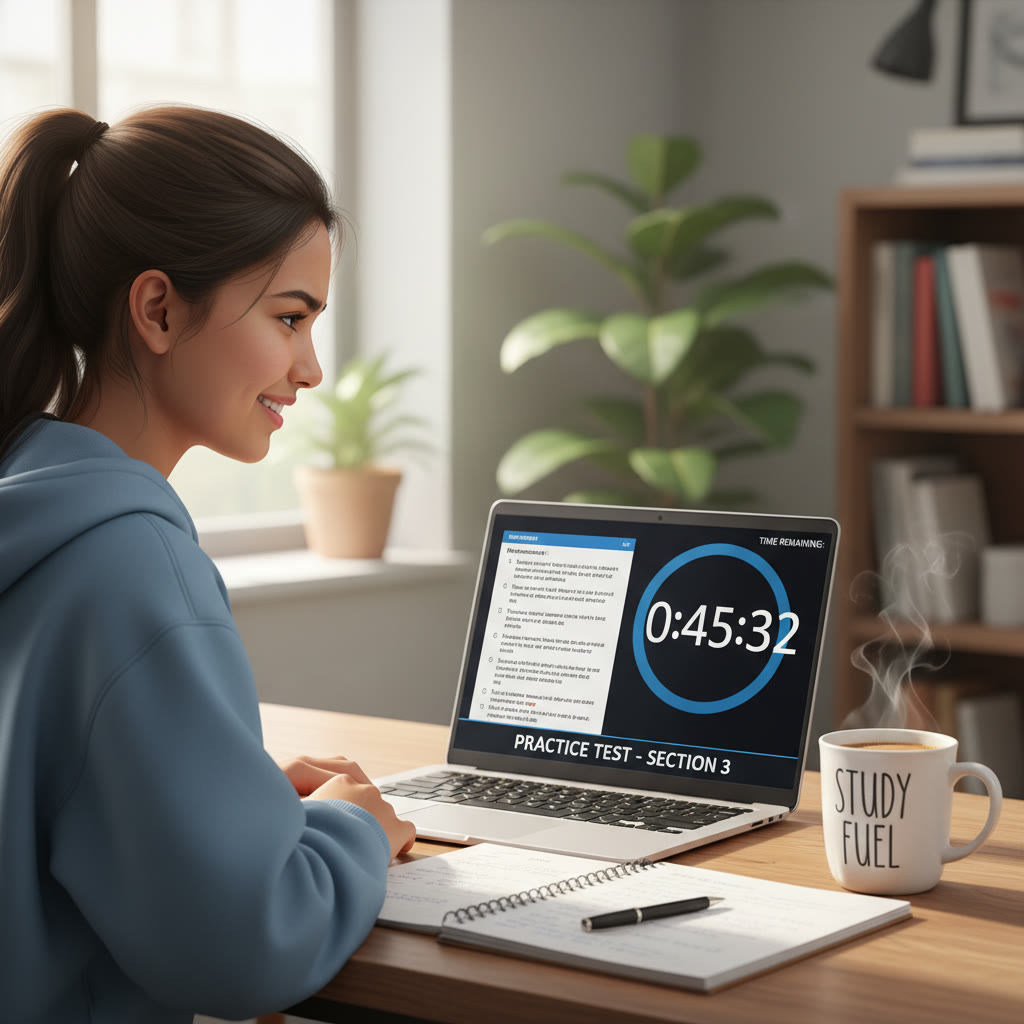 Student at a desk taking a timed practice SAT on a laptop, with a notebook and coffee — close-up of focused expression and test timer.