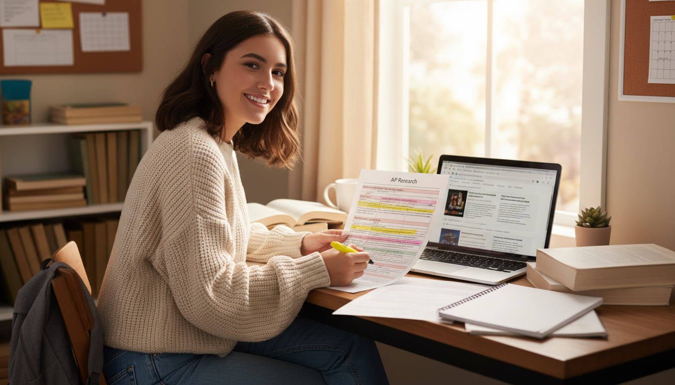 Photo Idea : A student at a desk with a printed rubric, highlighter in hand, laptop open to research articles — natural, warm tones to communicate focused study.