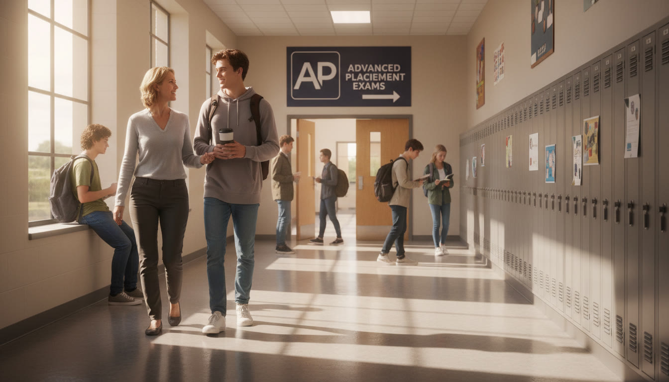 Photo Idea : A calm morning scene in a high school corridor with a student carrying a backpack and a parent walking alongside, both chatting — conveys pre-test calm and preparation.