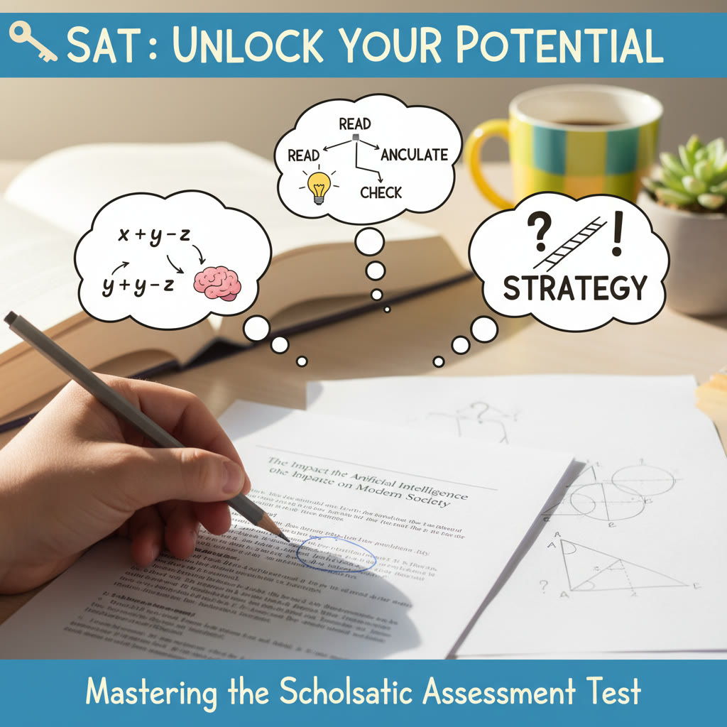A close-up of a hand annotating a reading passage and a pencil sketch of a math diagram; superimposed thought bubbles show the imagined steps of solving the problem.