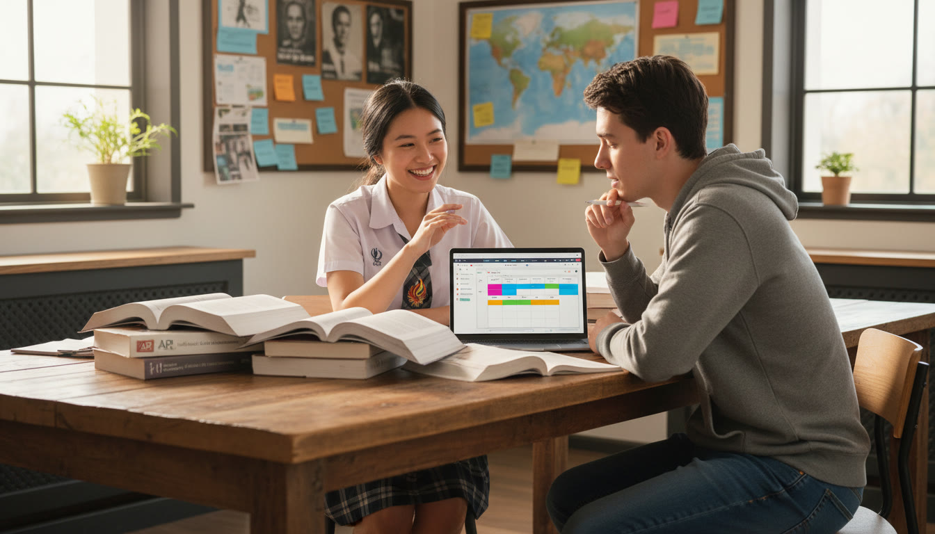 Photo Idea : Two students (one in school uniform from Southeast Asia, one in casual study clothes) sitting at a desk with AP textbooks, a laptop showing a study planner, and national curriculum books stacked nearby — capturing the tension and synergy of dual-track learning.