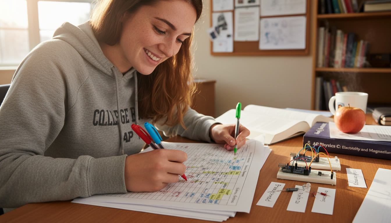 Photo Idea : Close-up shot of a student annotating a table with colored pens next to a neat row of labeled electronic components—a visual showing the intersection of organized documentation and hands-on making.