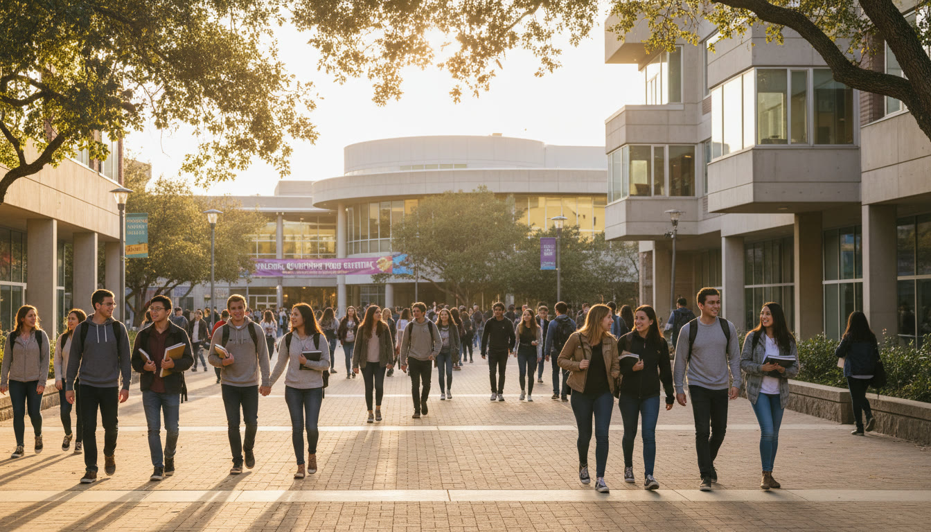Photo Idea : A bright campus scene at the start of a quarter — students walking between modern buildings, some carrying notebooks, others talking in small groups. Use warm late-morning light to evoke focus and possibility.