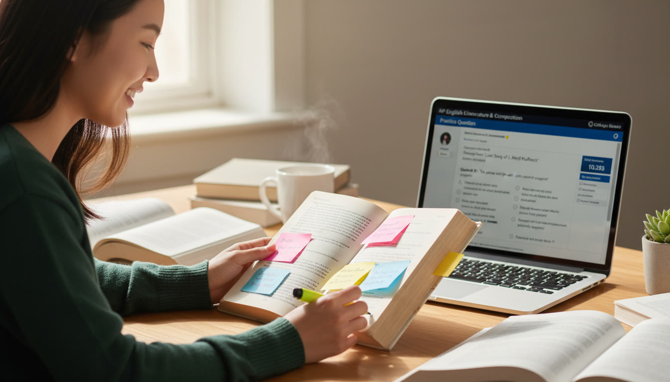 Photo Idea : A bright, candid photo of a student reading a foreign-language poem with sticky notes in margins, a laptop showing an AP practice question in the background — conveys study and scholarship opportunity.
