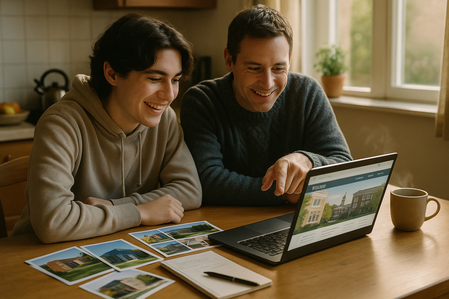 Photo Idea : A cozy kitchen table with a teenager and parent looking at a laptop screen together, with printed college brochures and a cup of coffee nearby—friendly, collaborative scene.