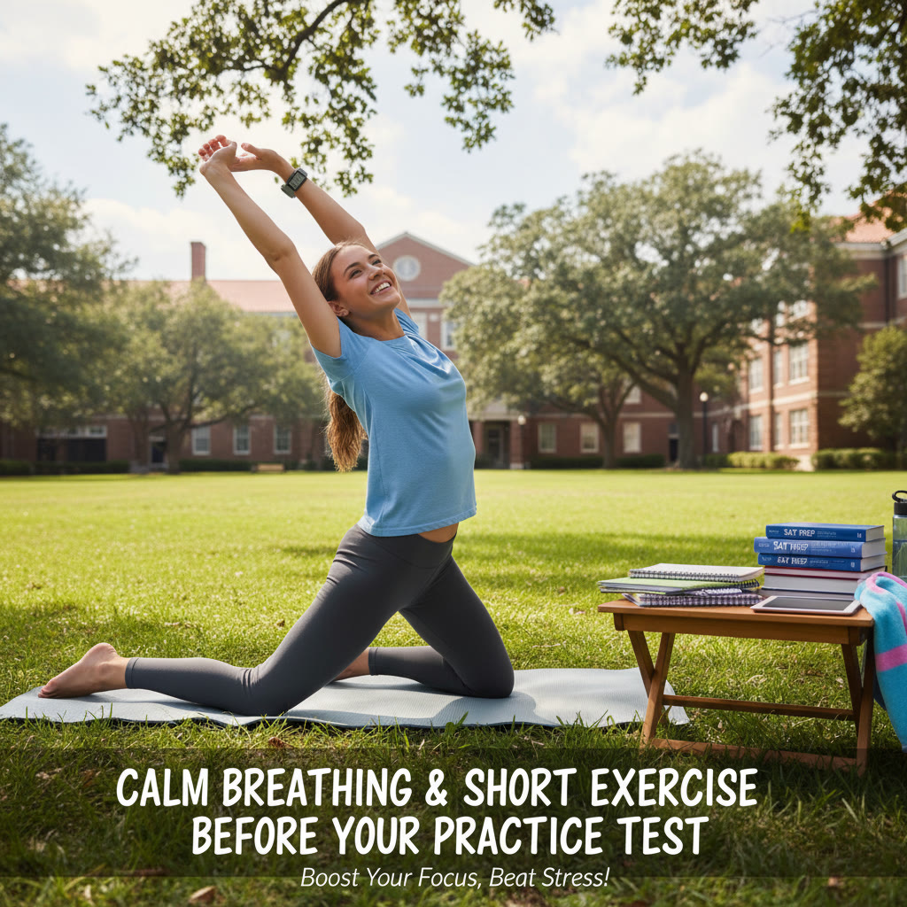 Calm breathing and short exercise before a practice test: a student stretching outdoors with a stopwatch and study materials nearby.