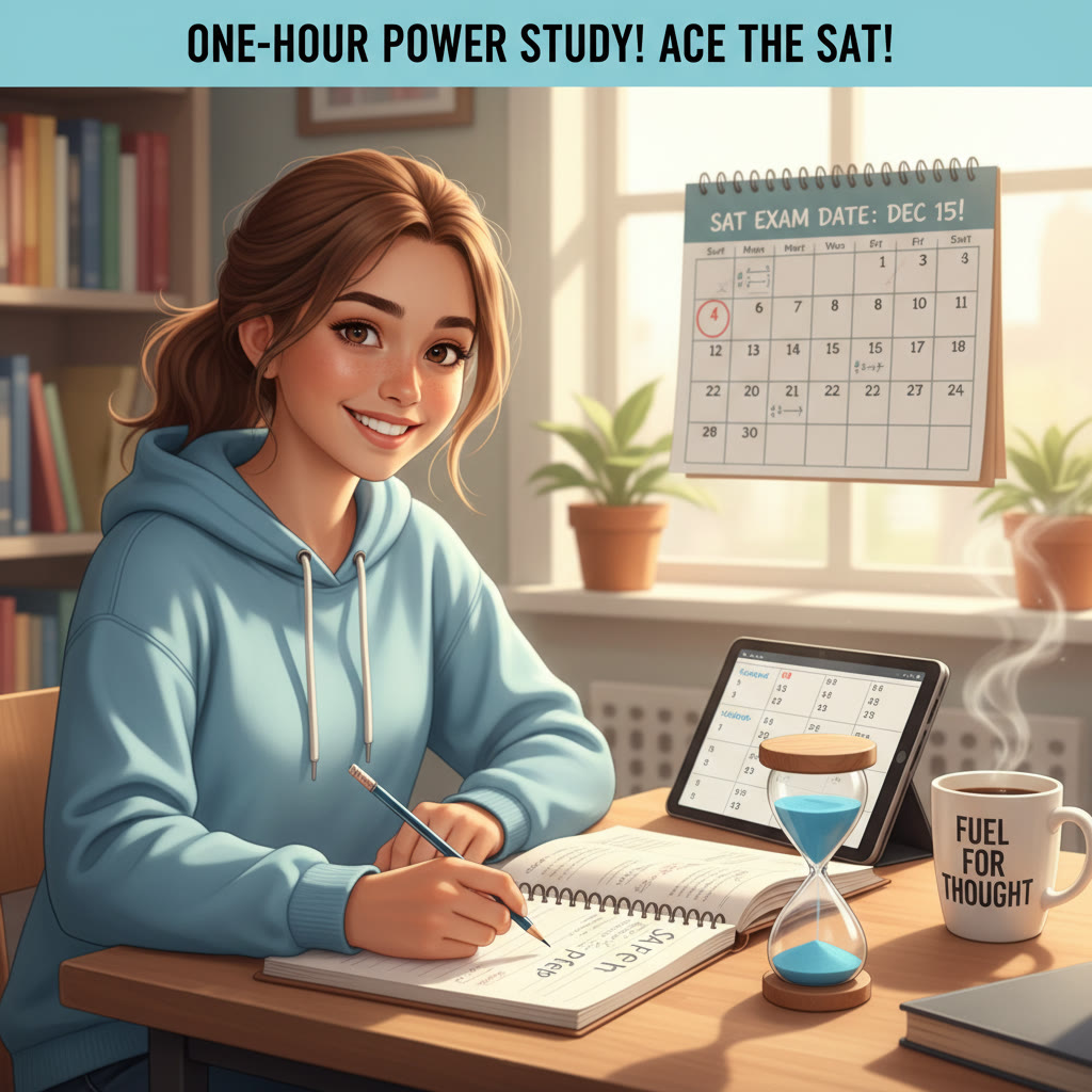 Student at desk with timer and notebook, focused and smiling, suggesting a productive one-hour study routine.