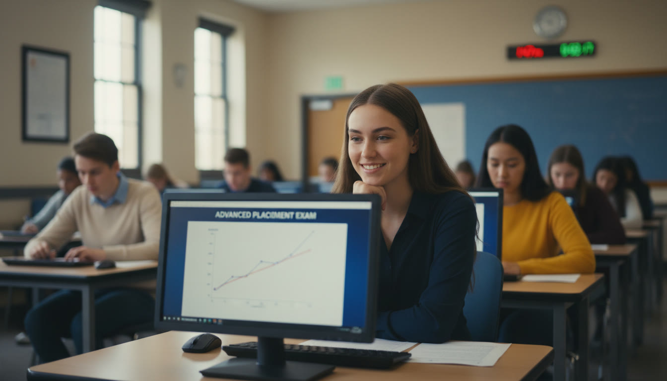 Photo Idea : A student sitting at a desk in a bright exam room, hand on chin, eyes focused — the image conveys calm concentration rather than panic. Include a subtle clock in the background to hint at time pressure.