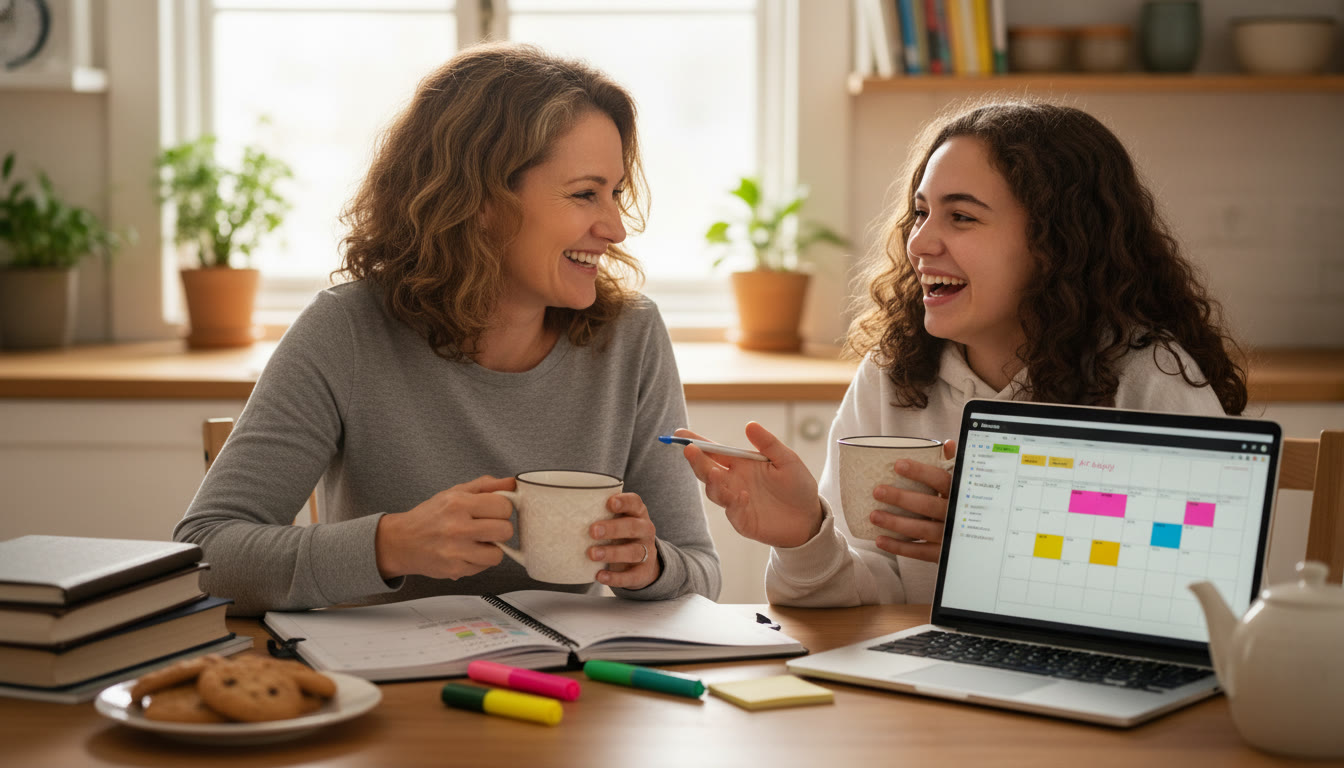 Photo Idea : A cozy kitchen table scene—parent and teenager with tea, a planner, and a laptop open to a study calendar, chatting and laughing as they write together.