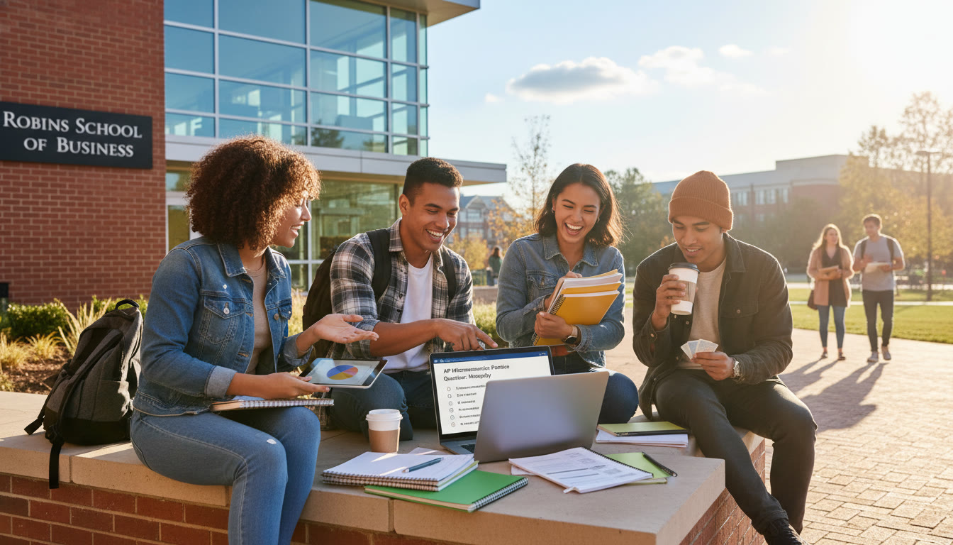 Photo Idea : A group shot outside a college business building (symbolic of Robins), showing diverse students discussing notes and a laptop with AP practice questions visible—dynamic, optimistic composition that captures readiness for college.
