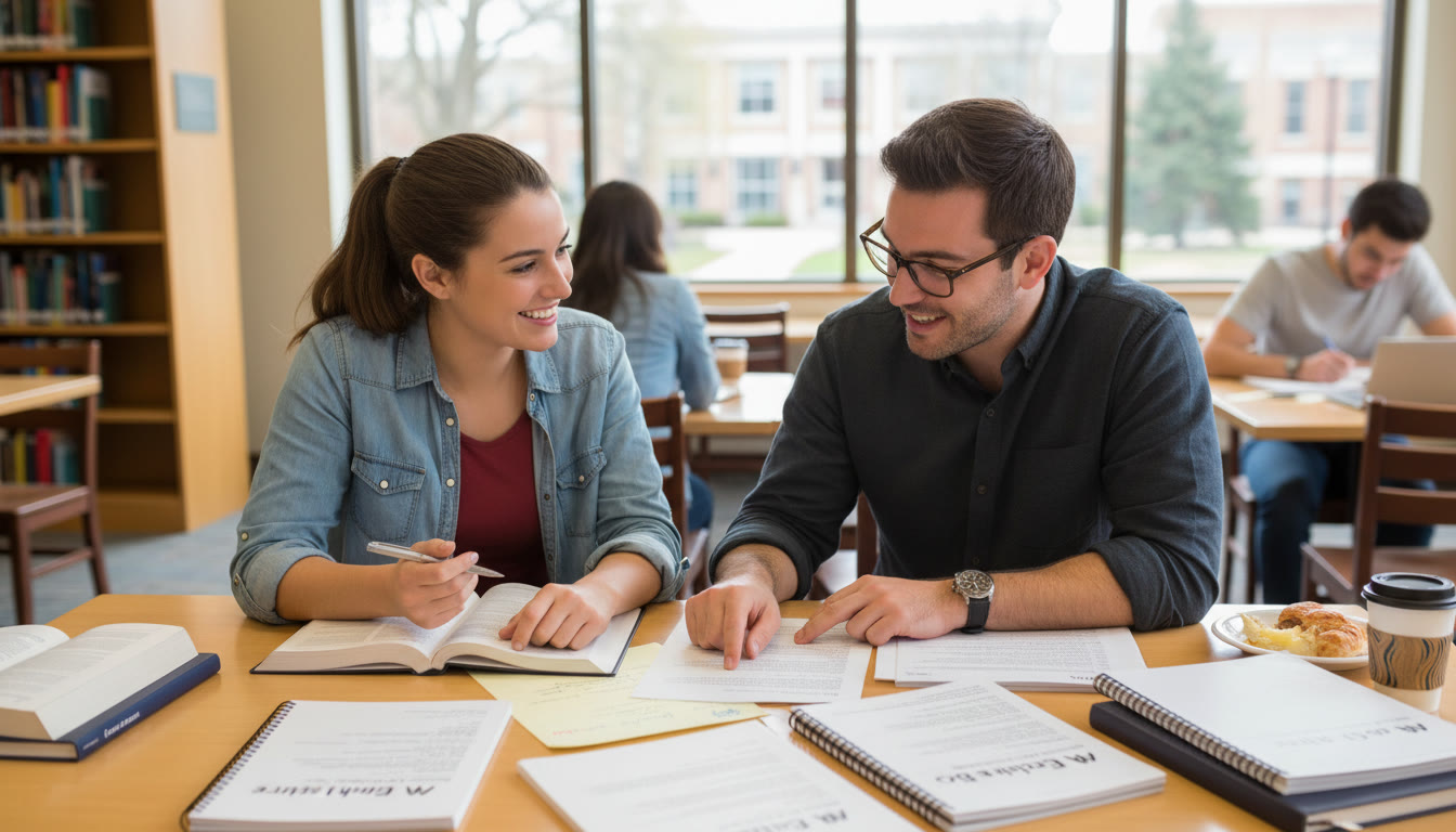 Photo Idea : A student and a tutor sitting at a table, mid-discussion, with notes and practice essays—illustrating supportive, one-on-one guidance.