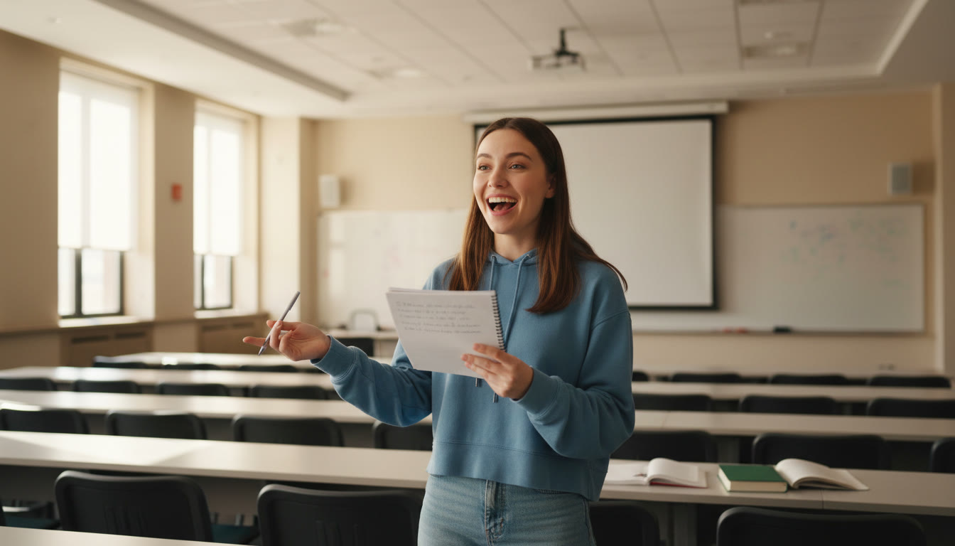Photo Idea : A student in mid-explanation, talking to an empty room or camera while holding notes—visualizes the power of teaching aloud and active recall.