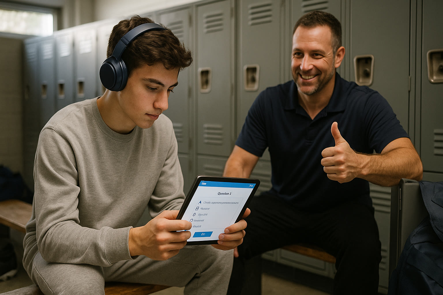 Photo Idea : A student-athlete doing focused SAT practice on a tablet in the locker room between practice sessions, headphones on, with a coach offering a thumbs-up.
