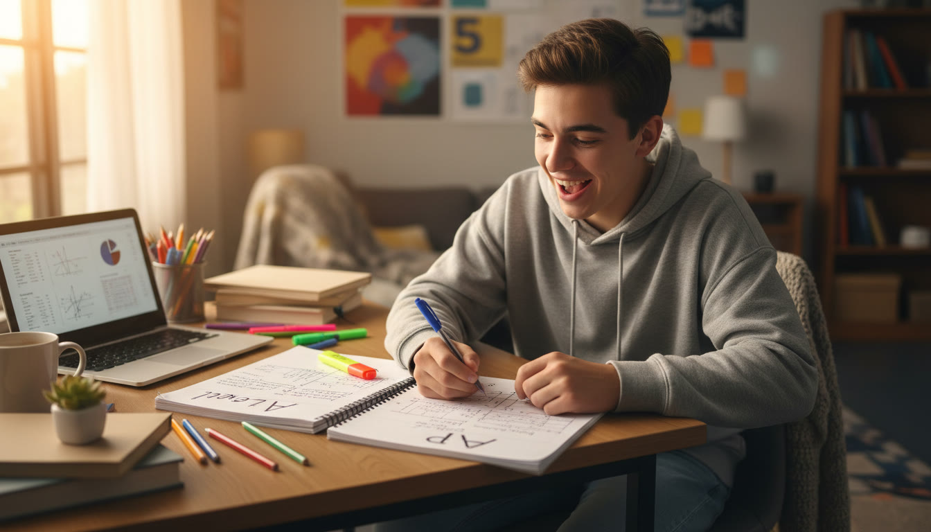 Photo Idea : A student at a desk with two notebooks labeled “A Level” and “AP,” smiling and annotating graphs — warm daylight, casual study atmosphere.