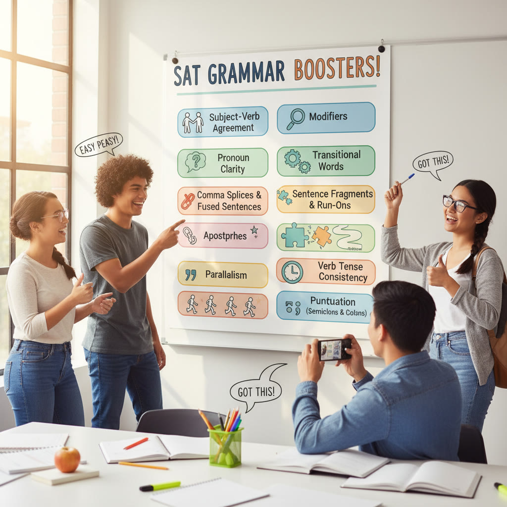 Chart-style visual summarizing the 'Top 10 Grammar Rules' with icons for each rule (agreement, pronouns, commas, etc.).