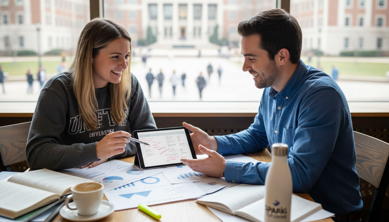 Photo Idea : A student and a Sparkl tutor at a table, working through a printed set of graphs and annotated notes on a tablet — conveying collaborative, personalized tutoring and concrete feedback in action.