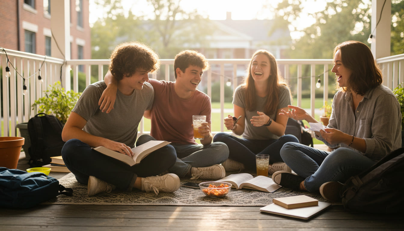 Photo Idea : A small group of students on a summer porch, one with a textbook open and others laughing — conveys study balanced with social life and joy.