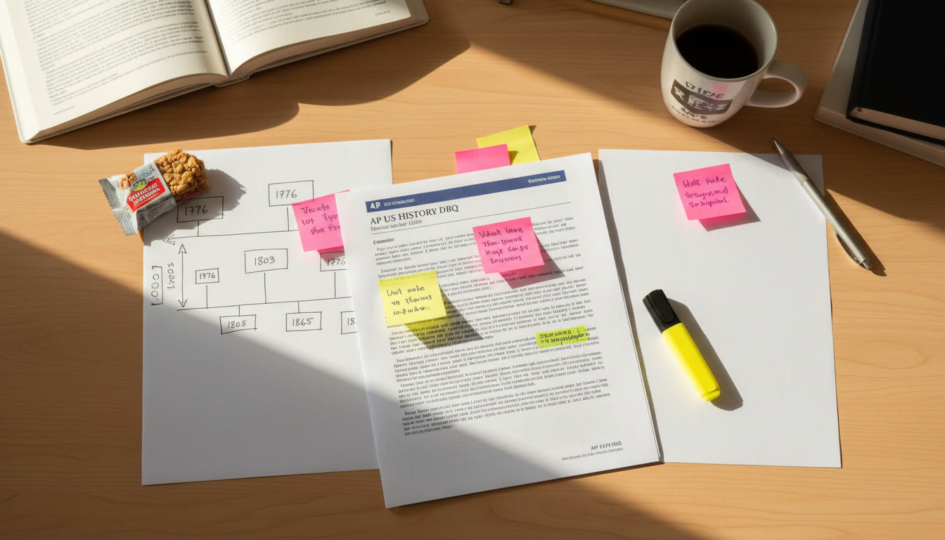 Photo Idea : An overhead shot of a student’s desk with an open DBQ packet, sticky notes, a timeline drawn on paper, and a highlighter; warm natural light to convey focused study.