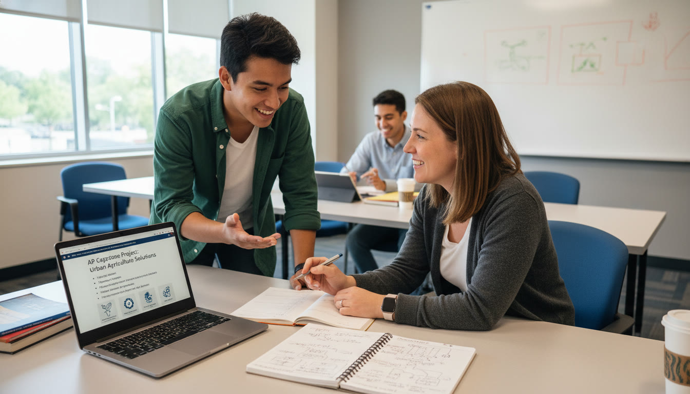 Photo Idea : A student presenting to a teacher during a checkpoint, with a laptop open to slides and a notebook showing process logs—conveys the checkpoint as a collaborative authenticity moment.