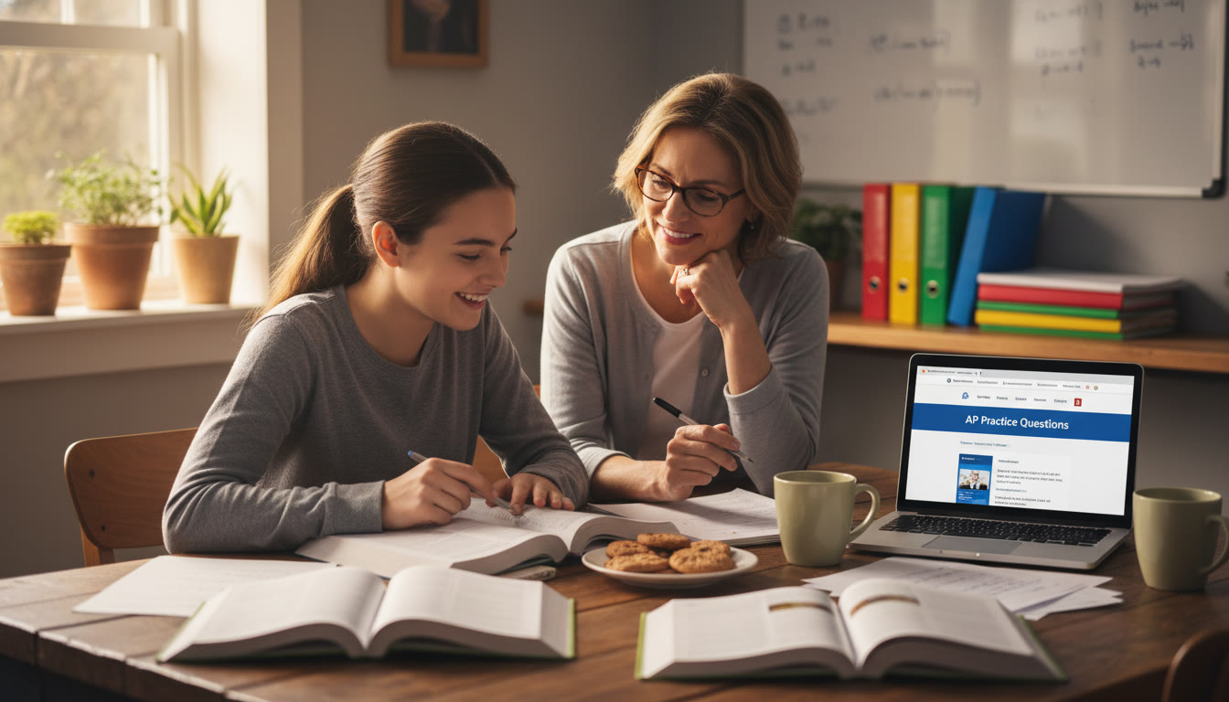 Photo Idea : A warm, candid shot of a high-school student and a parent studying AP practice problems together at a kitchen table, open textbooks, laptop with a College Board page visible on screen, soft afternoon light.