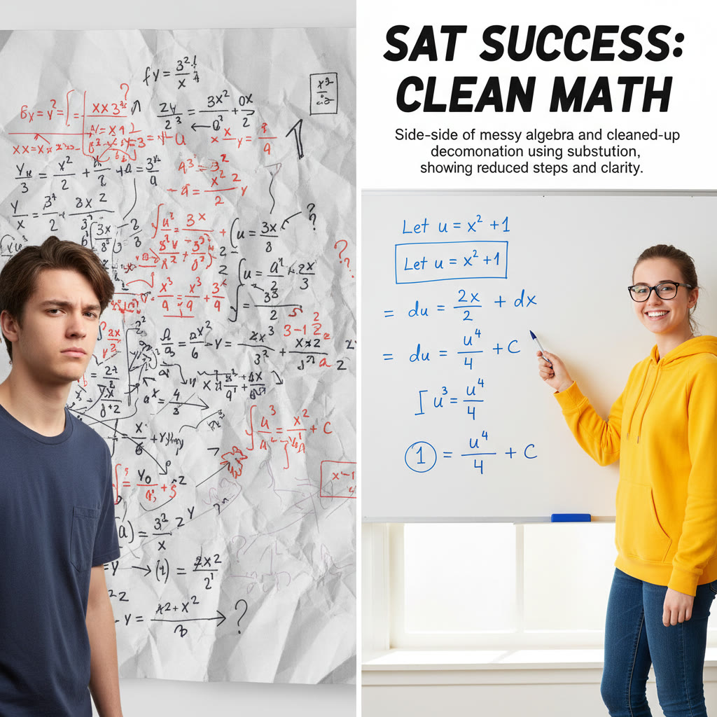 Side-by-side of messy algebra and cleaned-up decomposition using substitution, showing reduced steps and clarity.